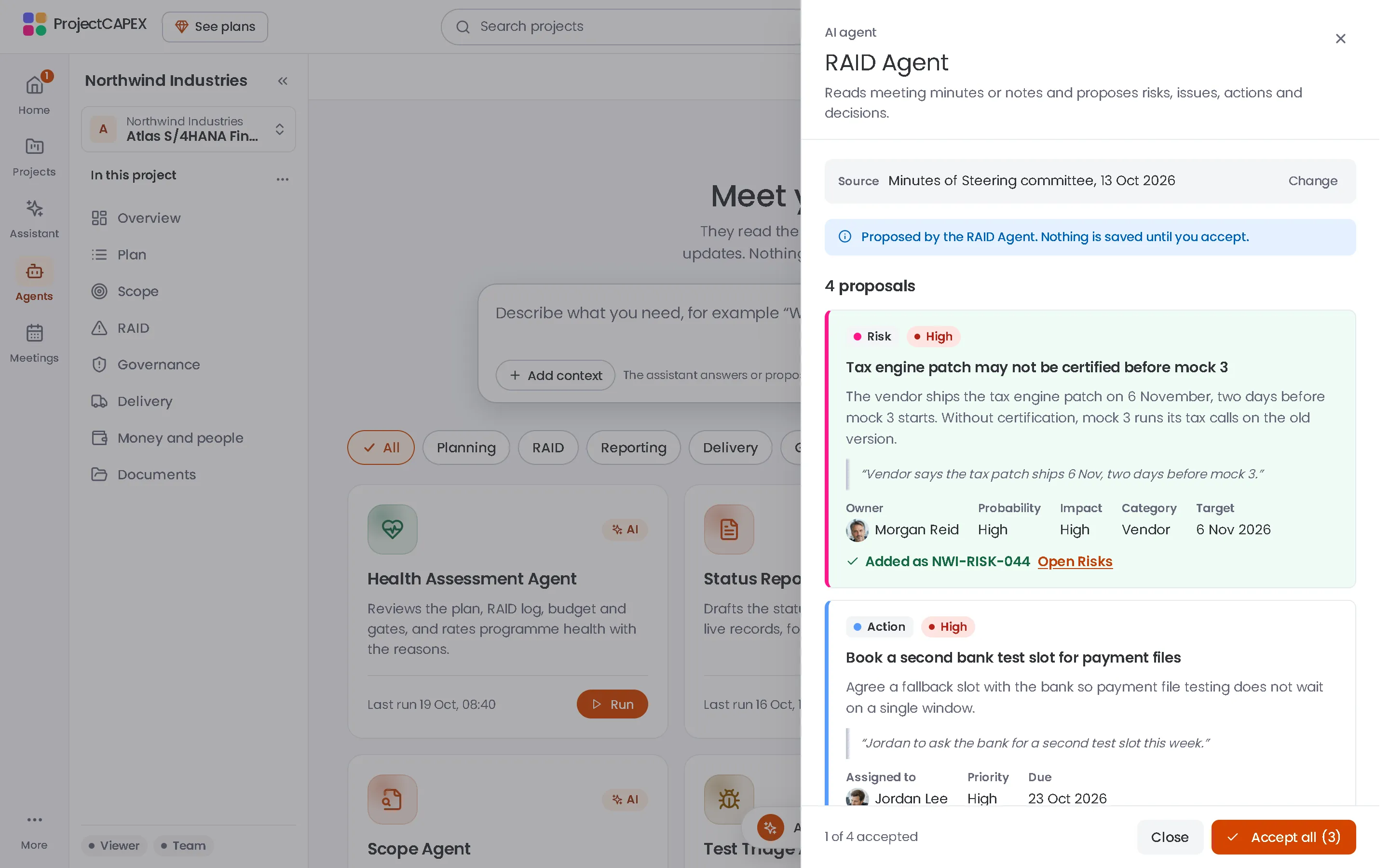 ProjectCAPEX Agents tab listing the six programme agents, with example data