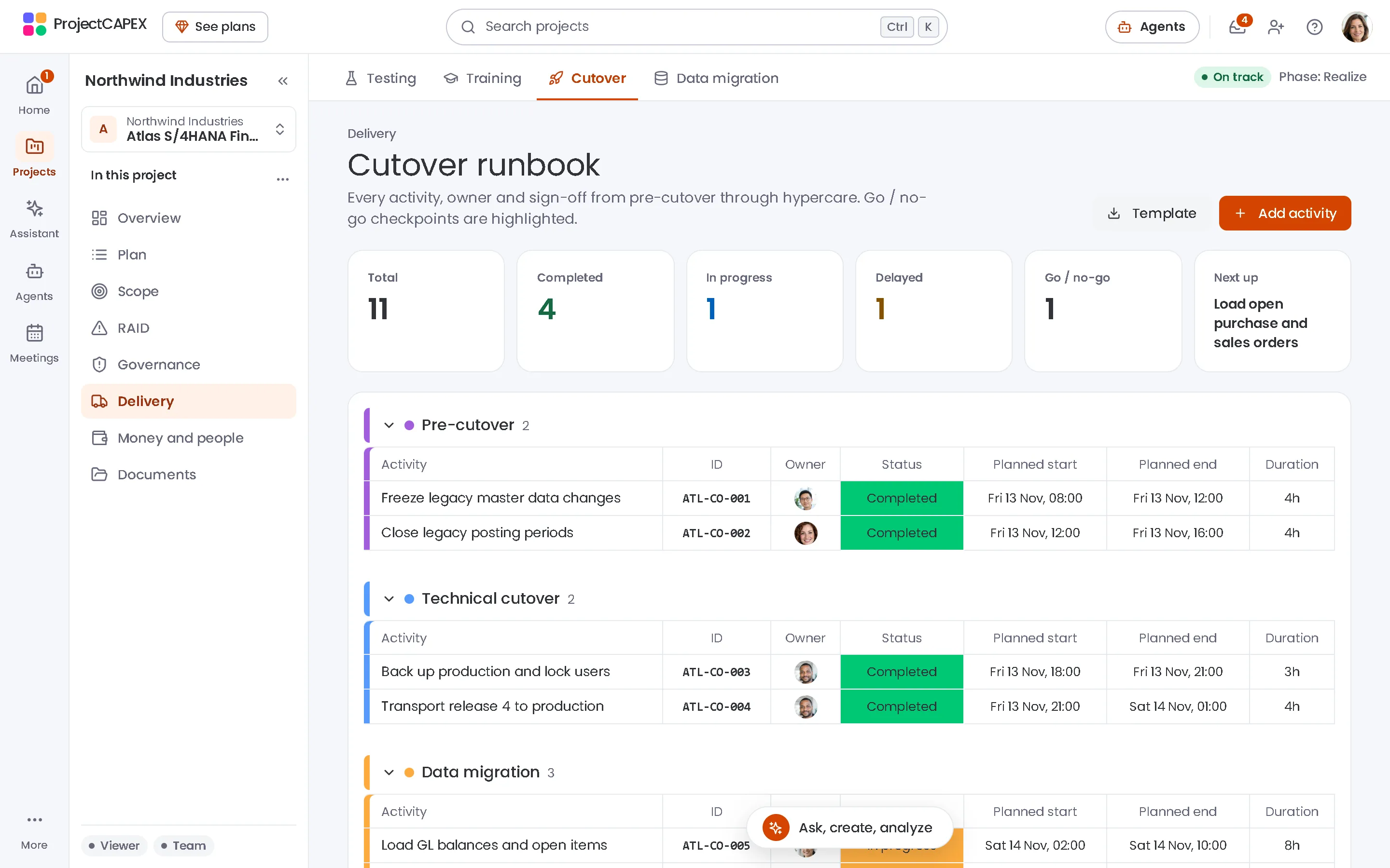 ProjectCAPEX cutover runbook with example data