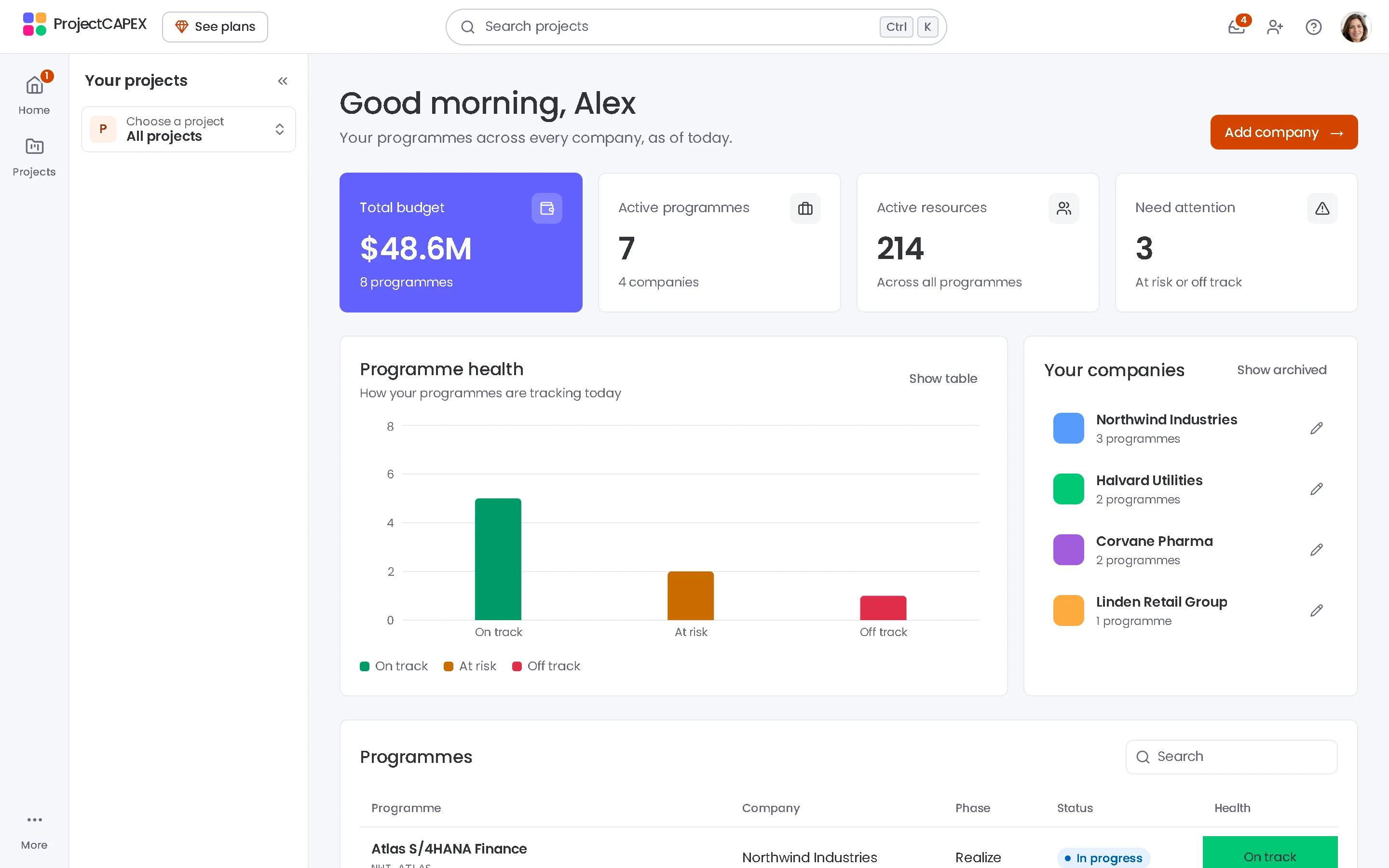 ProjectCAPEX programme dashboard with example data