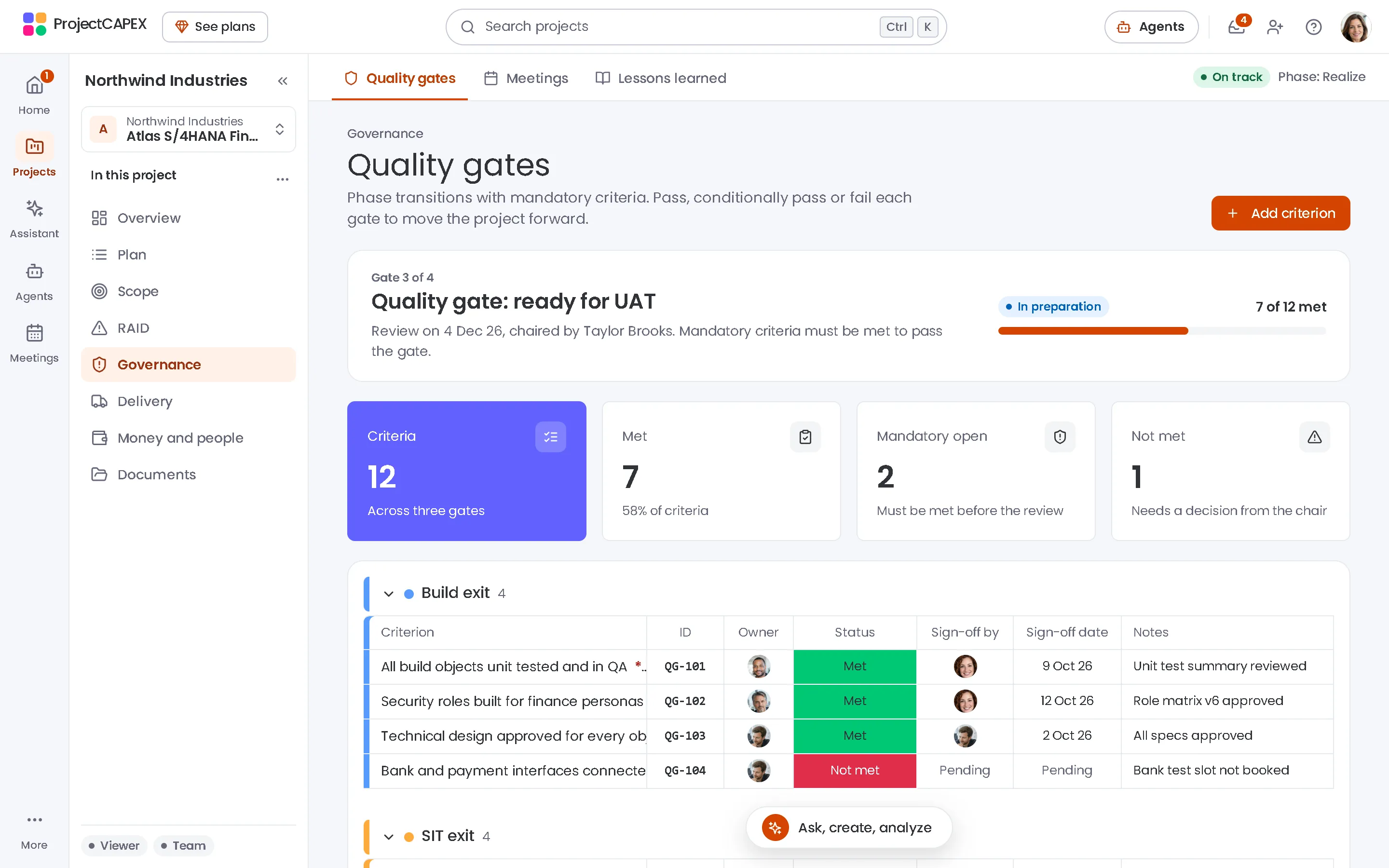 ProjectCAPEX quality gates with criteria, owners and sign-off, with example data