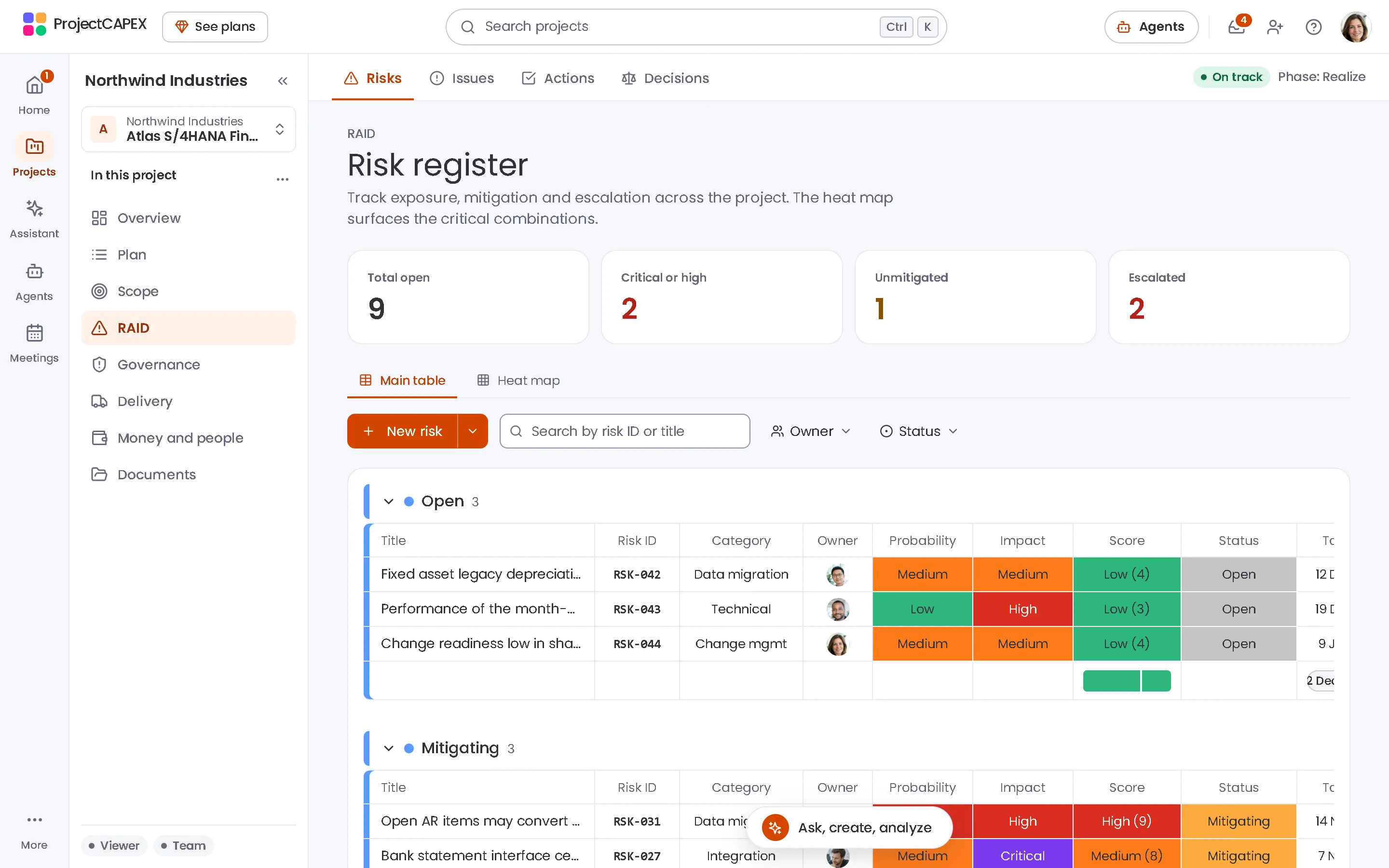 ProjectCAPEX risks board with example data